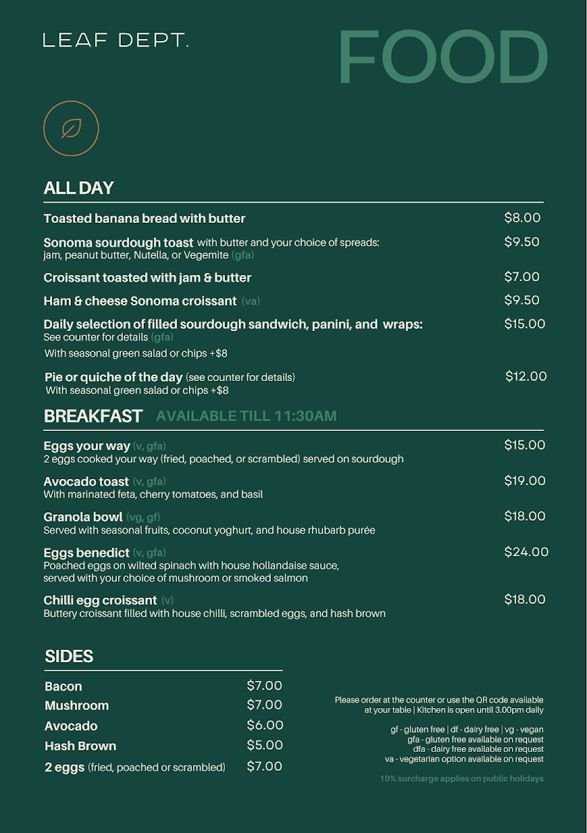 Menu, Leaf Dept. Cafe