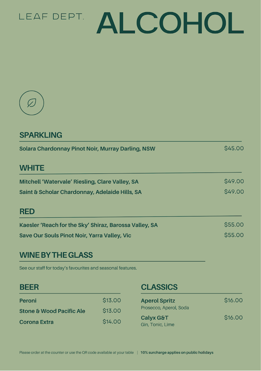 Menu, Leaf Dept. Cafe