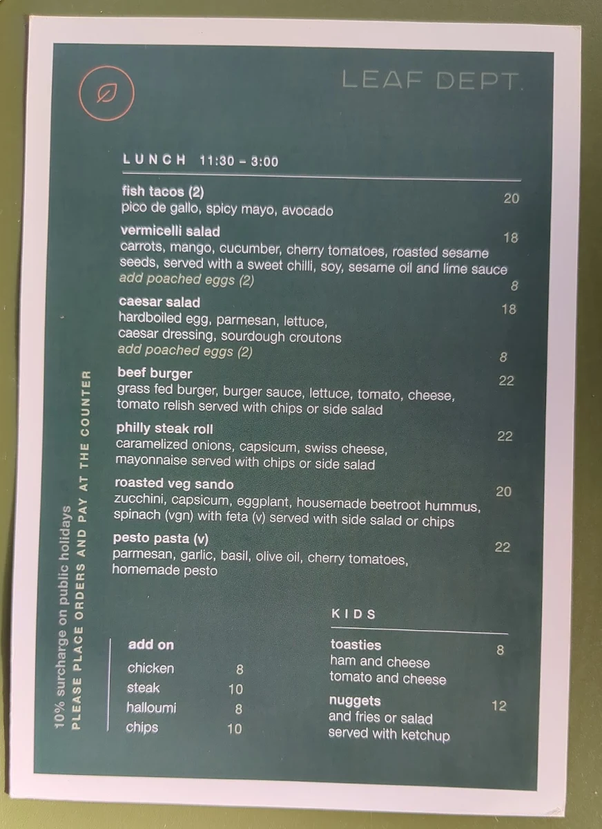 Menu, Leaf Dept. Cafe