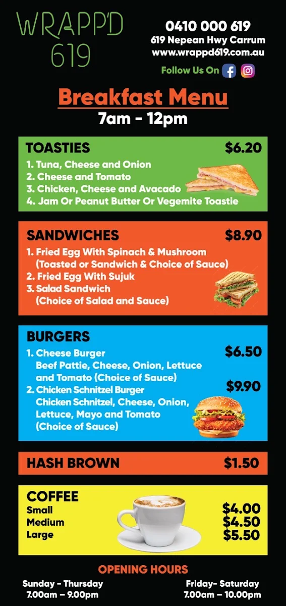 Menu, Wrapp'd 619 Carrum - Schnitzel and Kebab Bar