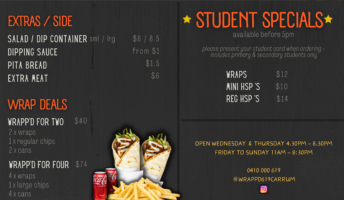 Menu, Wrapp'd 619 Carrum - Schnitzel and Kebab Bar