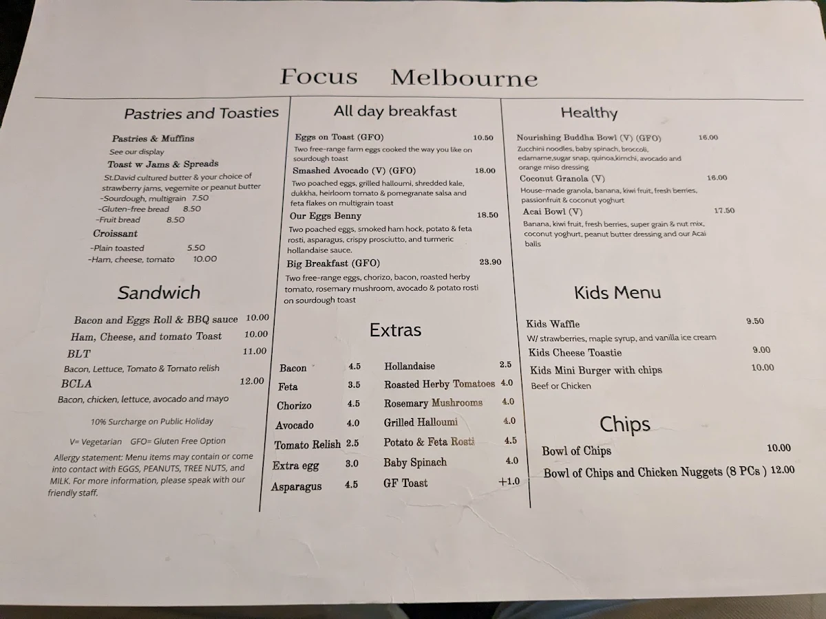 Menu, Focus Melbourne