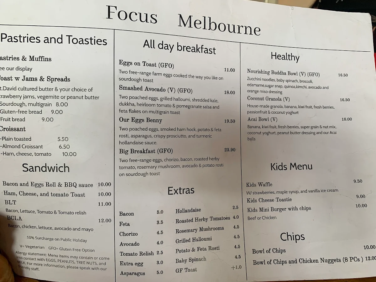 Menu, Focus Melbourne
