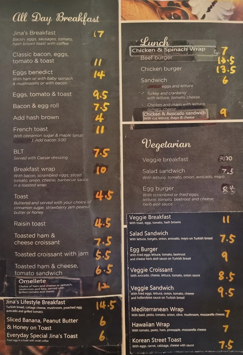 Menu, Jina's Cafe