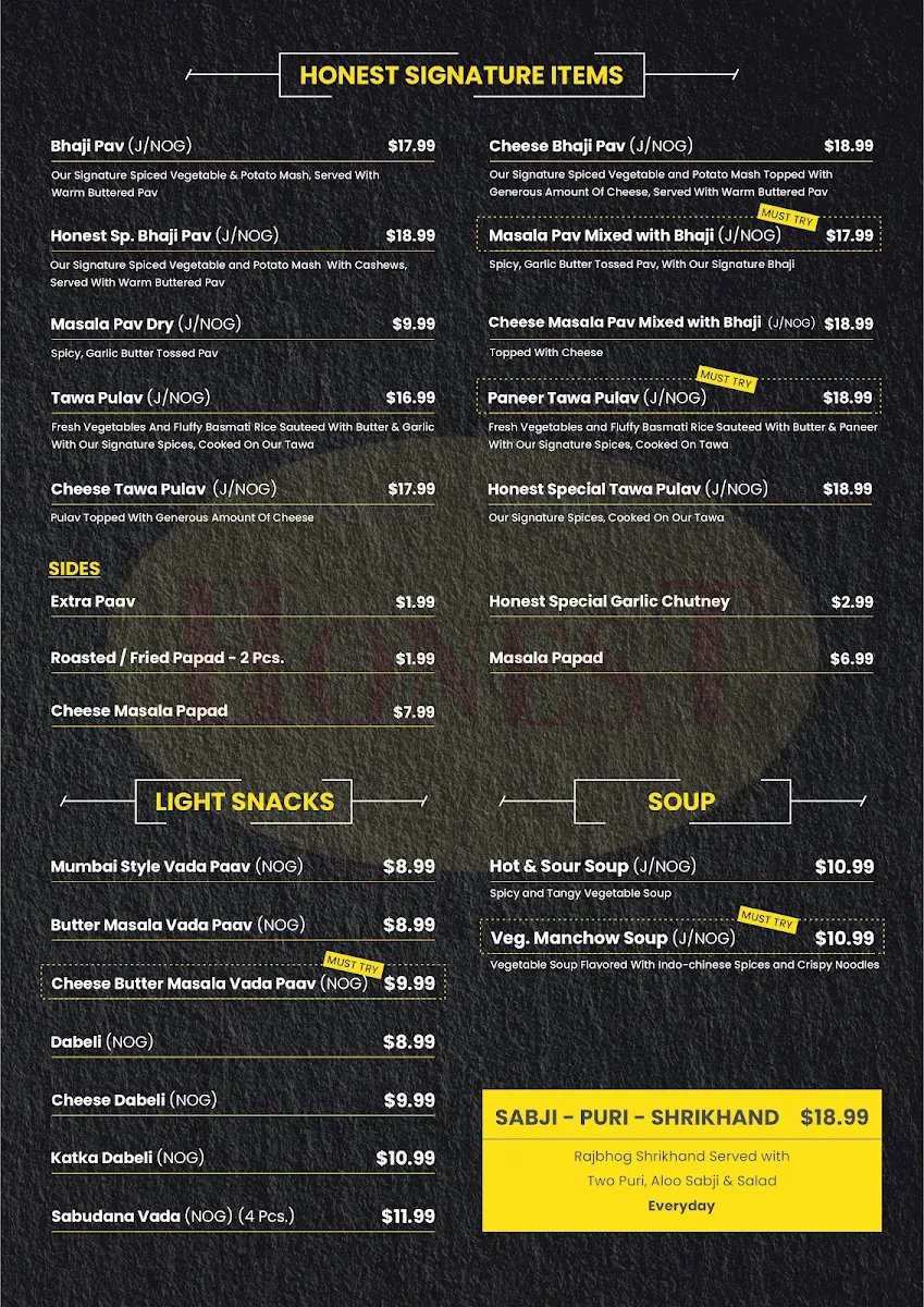 Menu, Honest Indian Restaurant