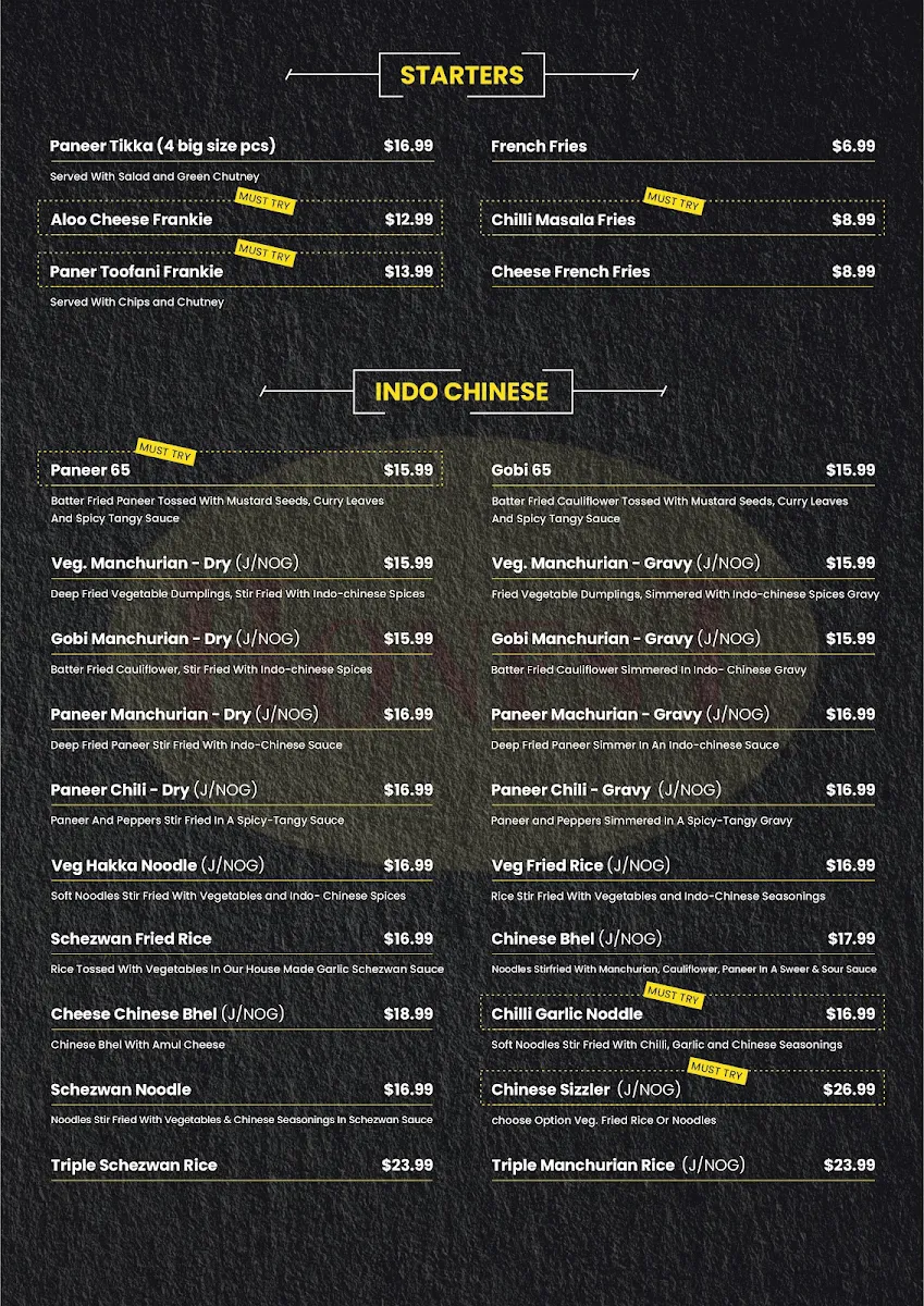 Menu, Honest Indian Restaurant