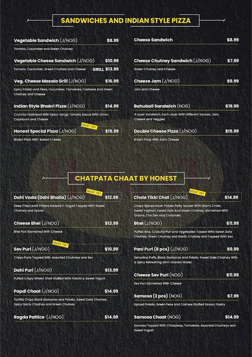 Menu, Honest Indian Restaurant