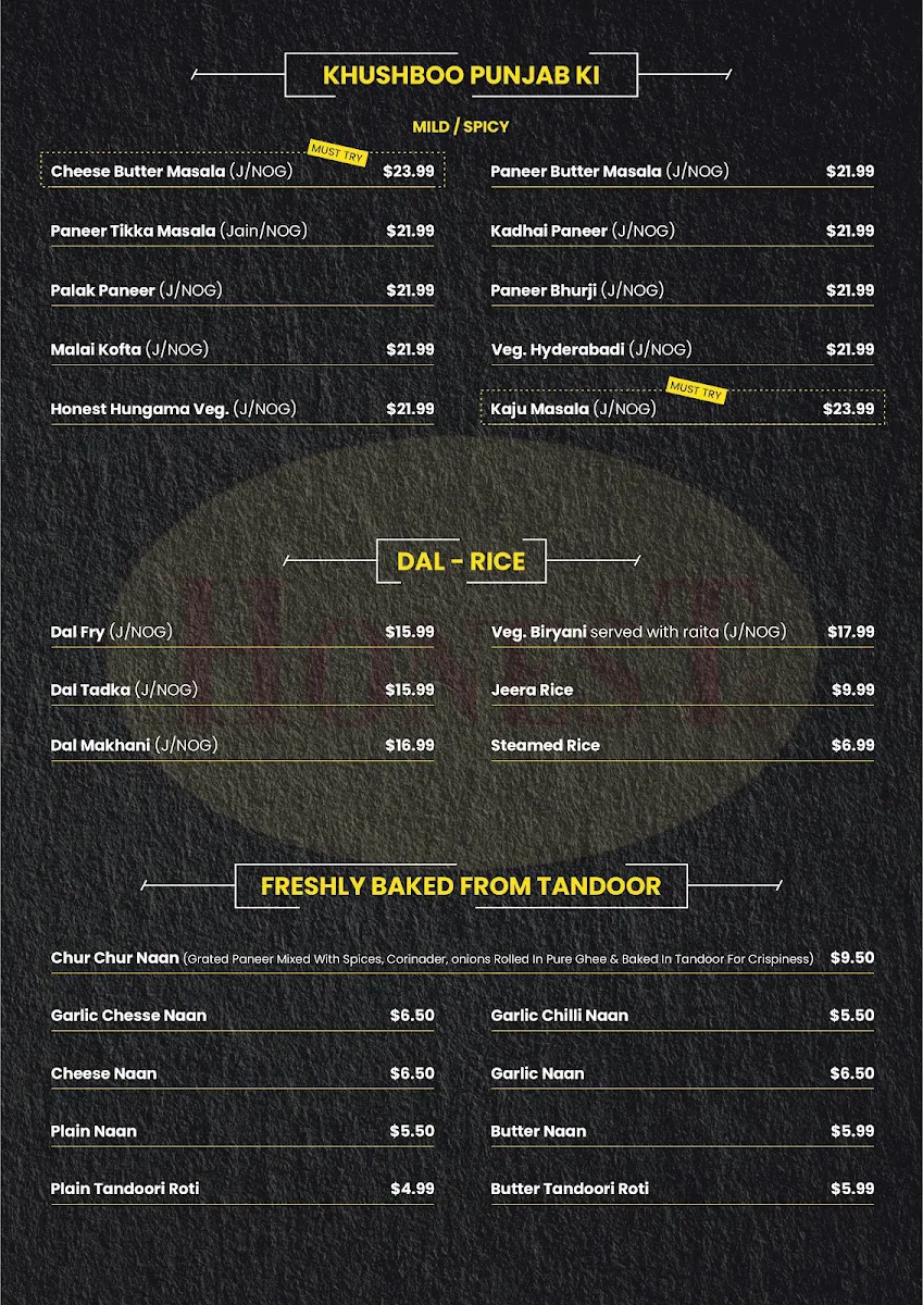 Menu, Honest Indian Restaurant