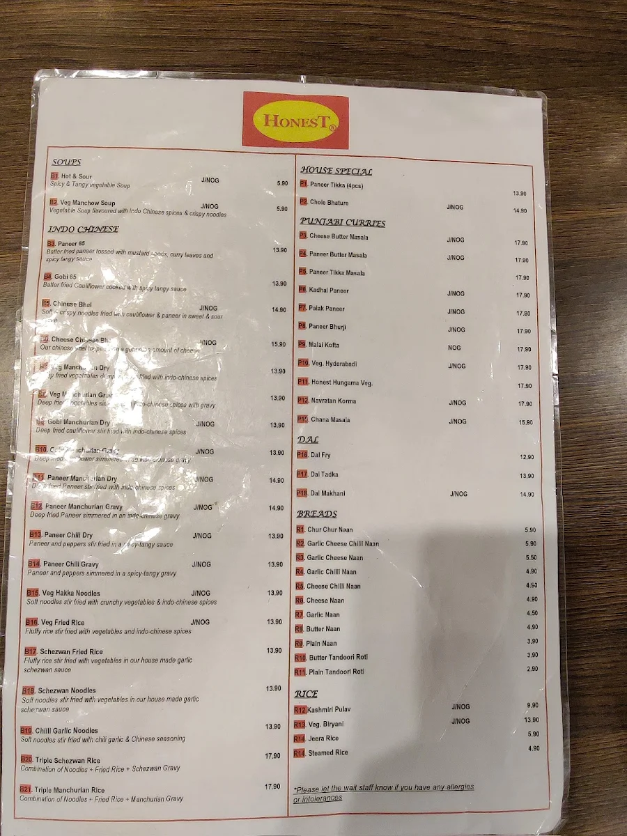 Menu, Honest Indian Restaurant