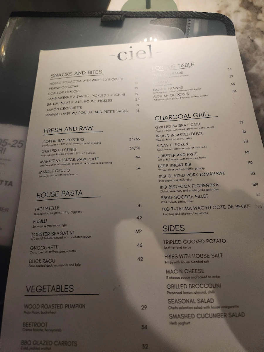 Menu, Ciel Restaurant & Bar