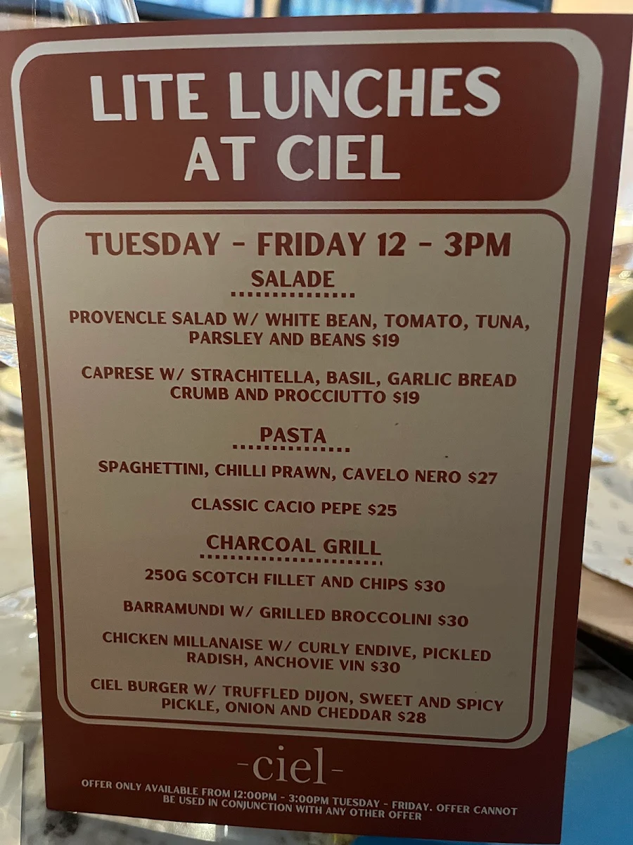 Menu, Ciel Restaurant & Bar