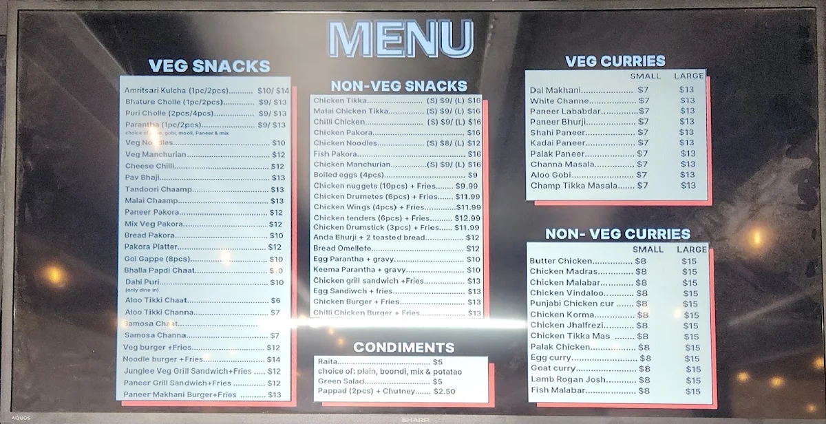 Menu, Tadka (Vegetarian) Express