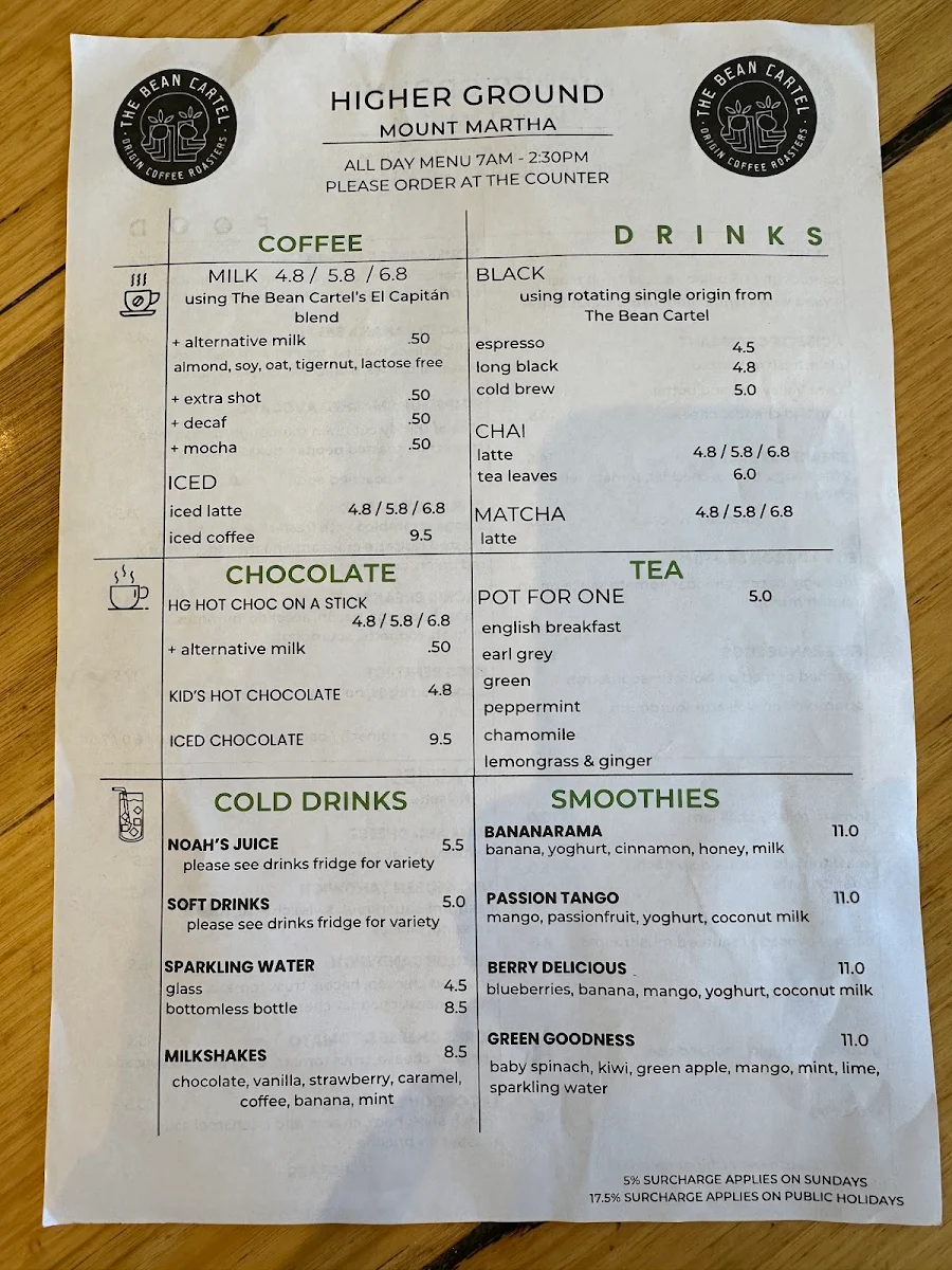 Menu, Higher Ground