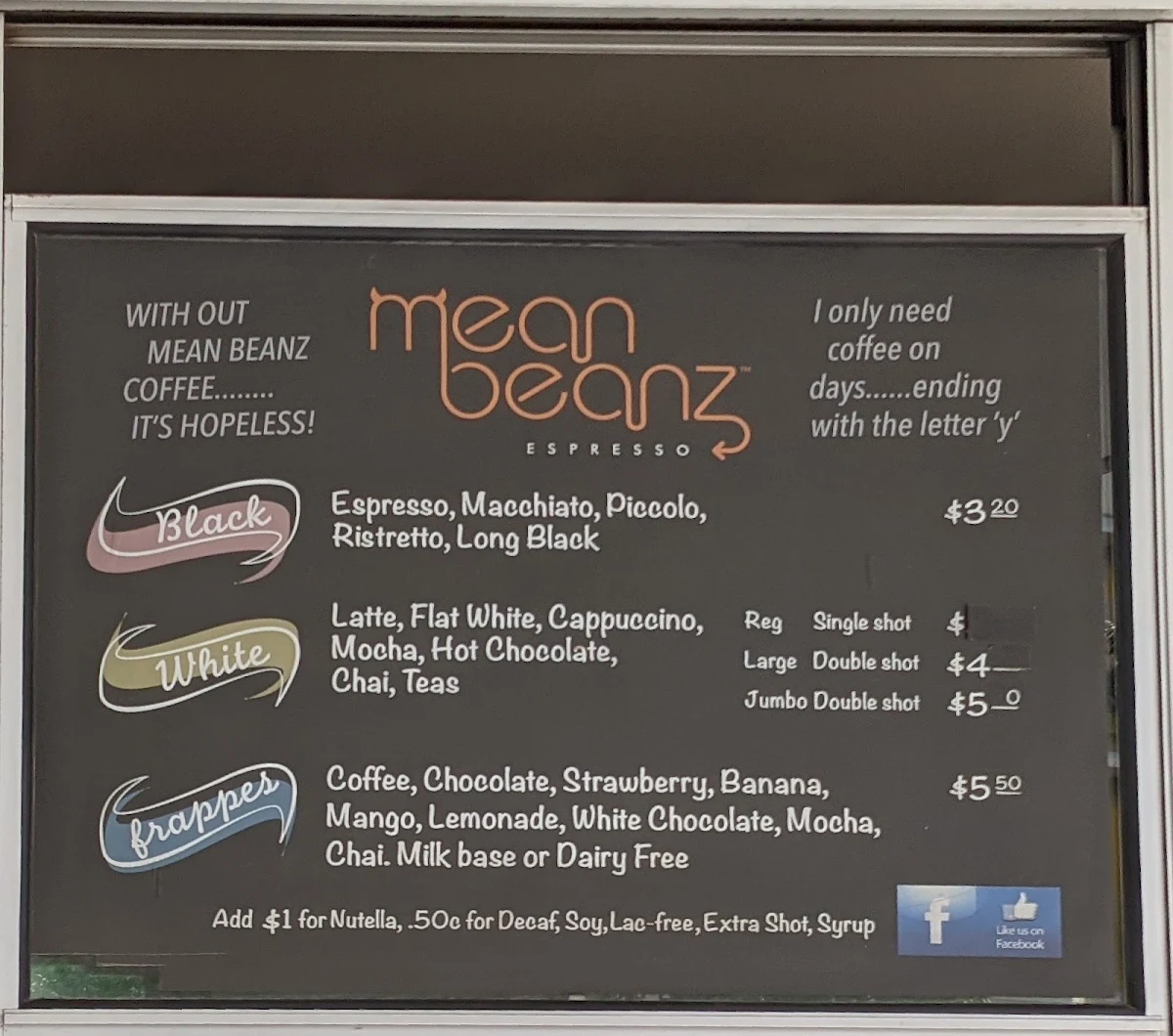 Menu, Mean Beanz Espresso