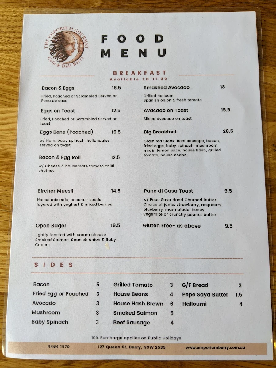 Menu, The Emporium Gourmet Café Deli Berry