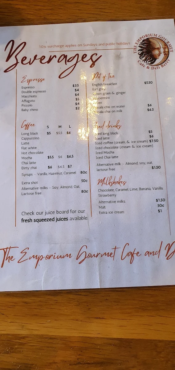 Menu, The Emporium Gourmet Café Deli Berry