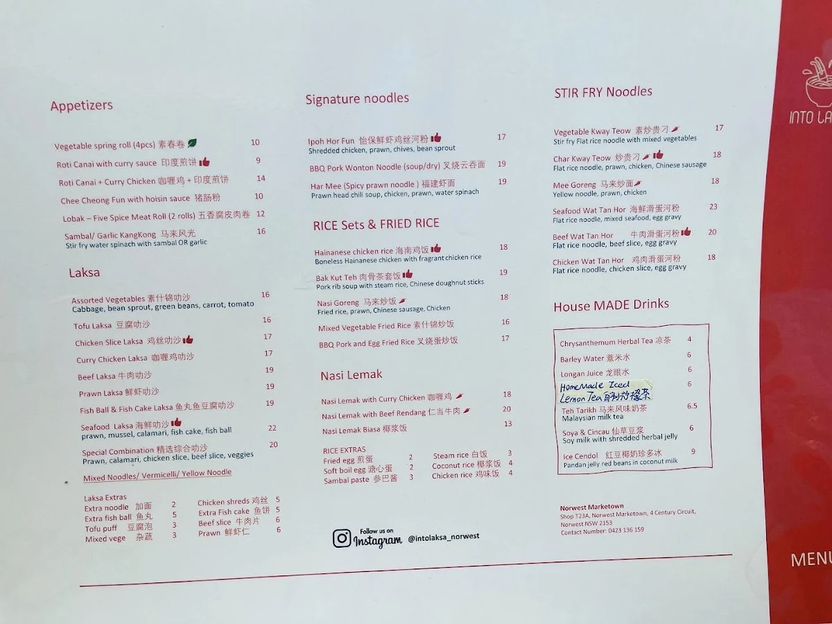 Menu, Into Laksa Norwest