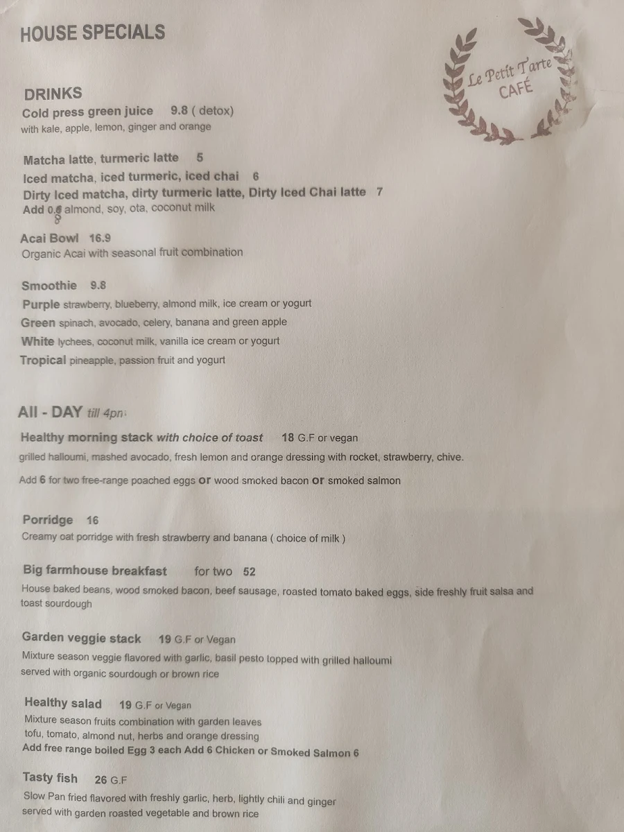 Menu, Le Petit Tarte cafe & cake & catering