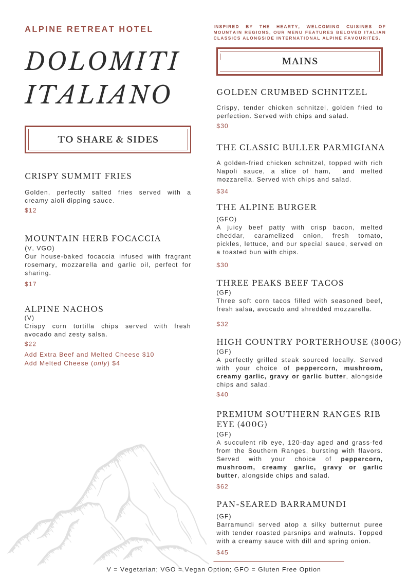 Menu, Dolomiti Italiano