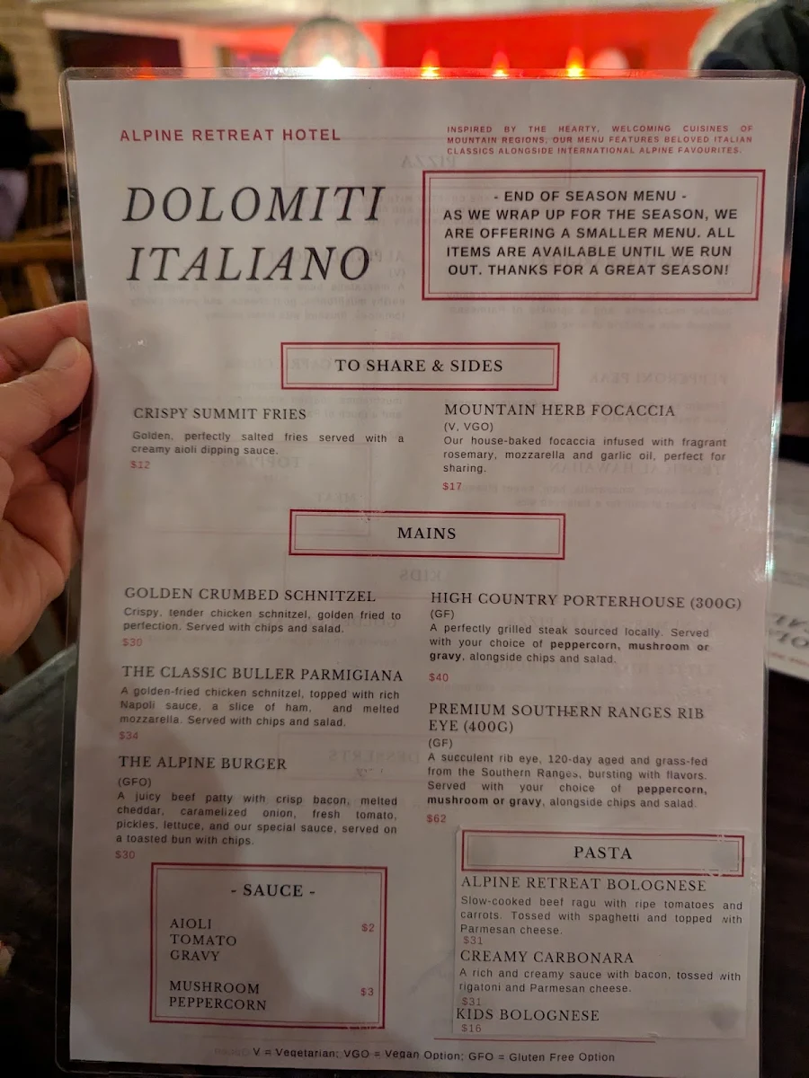 Menu, Dolomiti Italiano