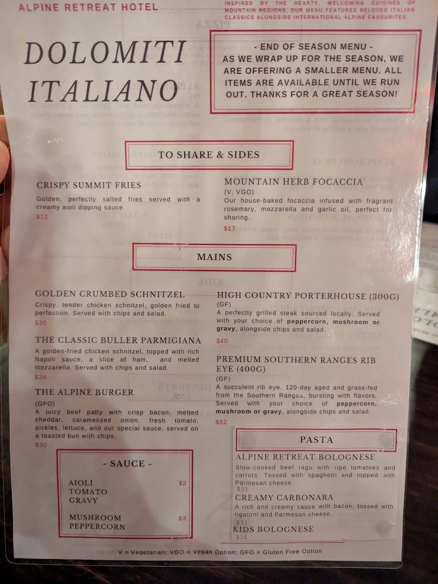 Menu, Dolomiti Italiano