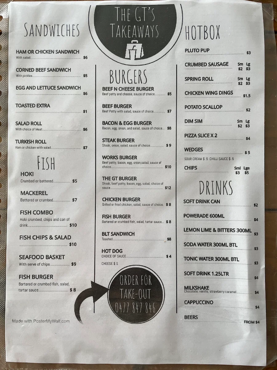 Menu, The GT - Gumlu Tavern