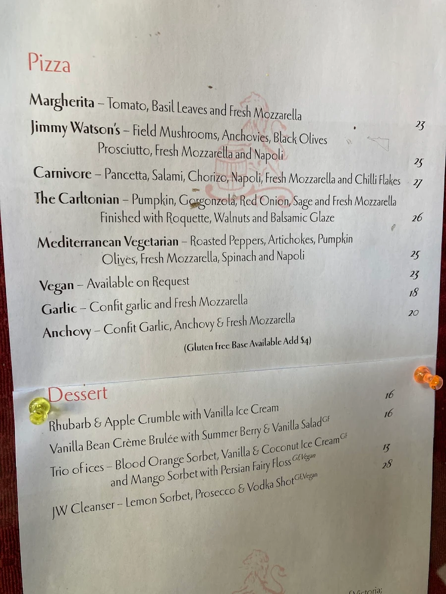Menu, Jimmy Watson's