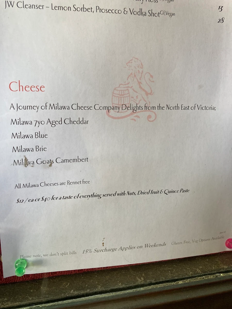 Menu, Jimmy Watson's