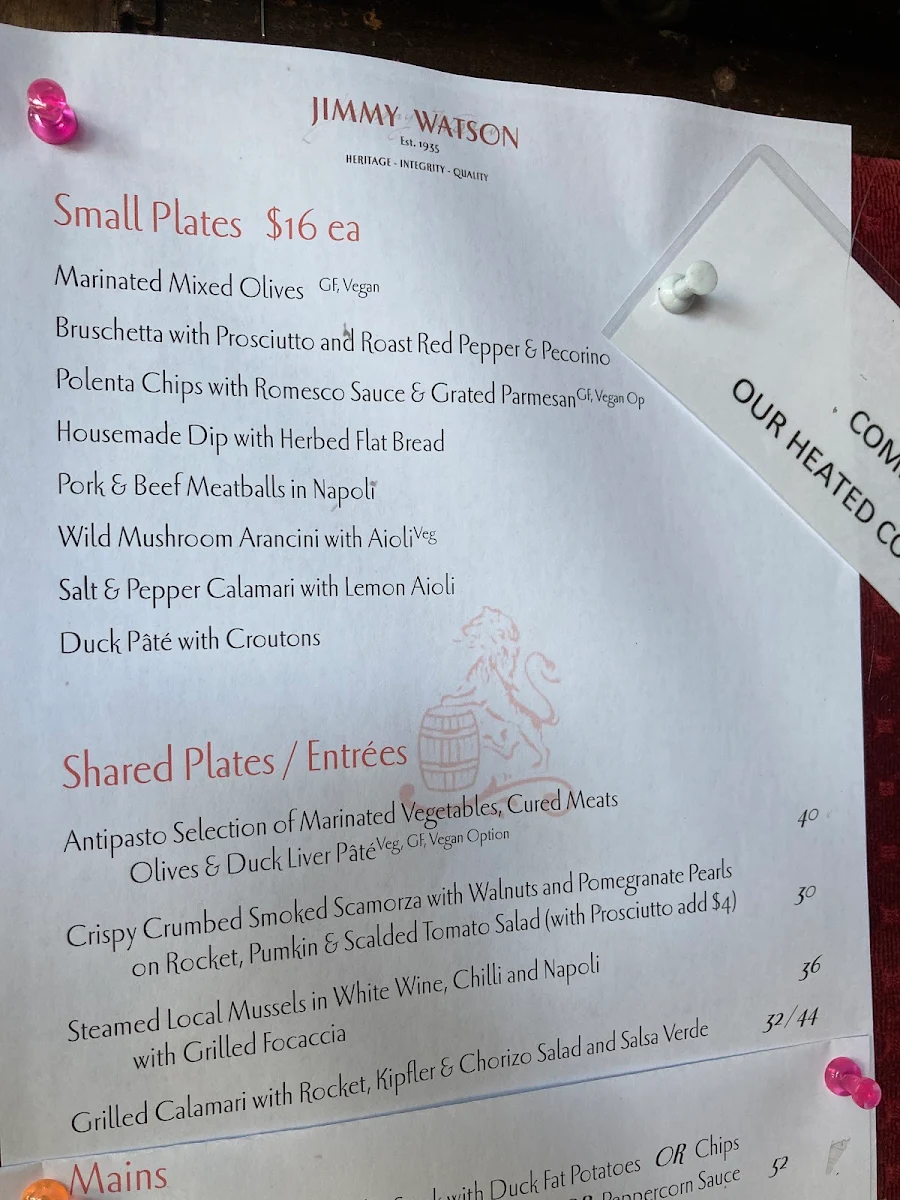 Menu, Jimmy Watson's