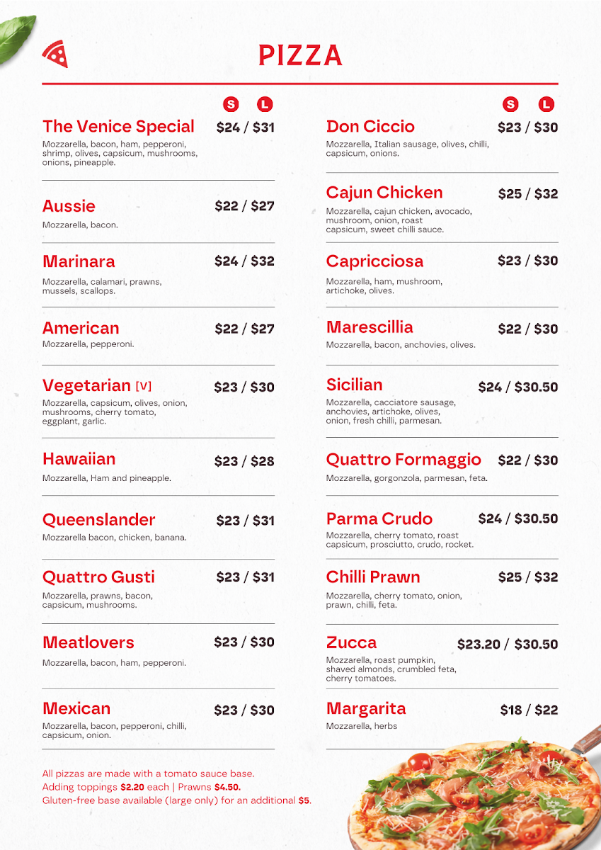 Menu, Venice Pizza Bar & Restaurant