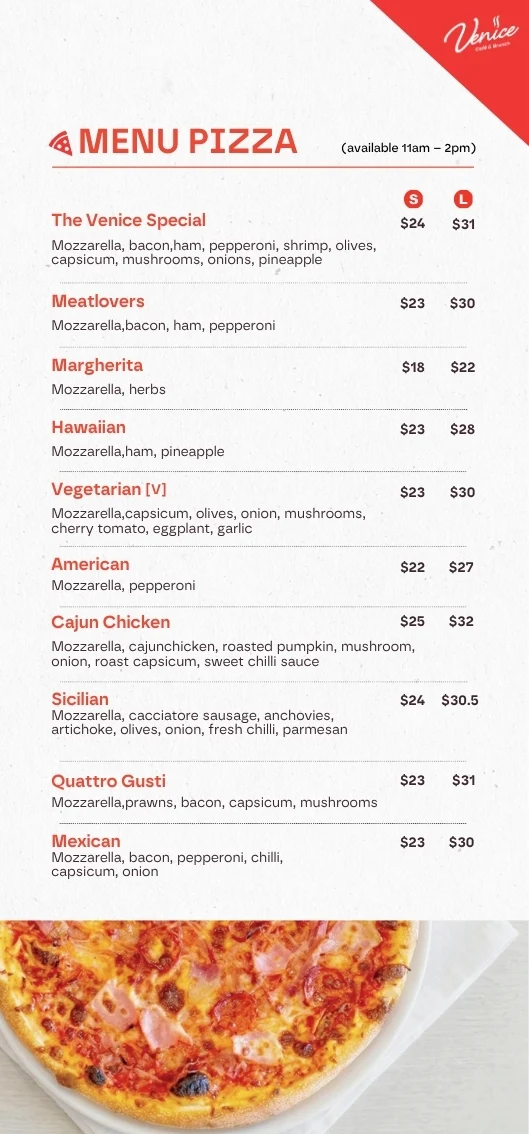 Menu, Venice Pizza Bar & Restaurant