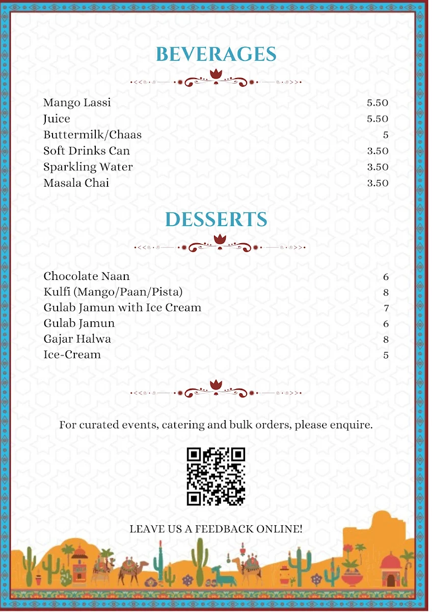 Menu, Pint Size Indian