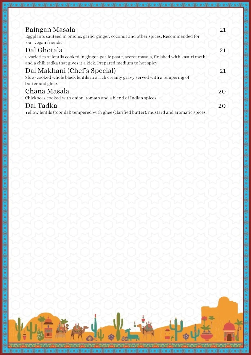 Menu, Pint Size Indian