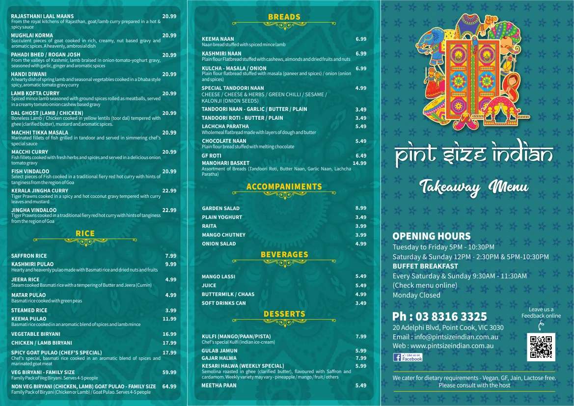 Menu, Pint Size Indian
