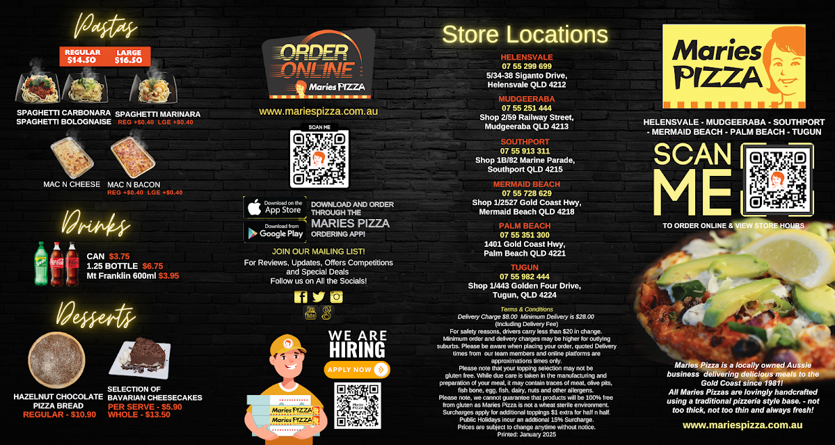 Menu, Maries Pizza Southport