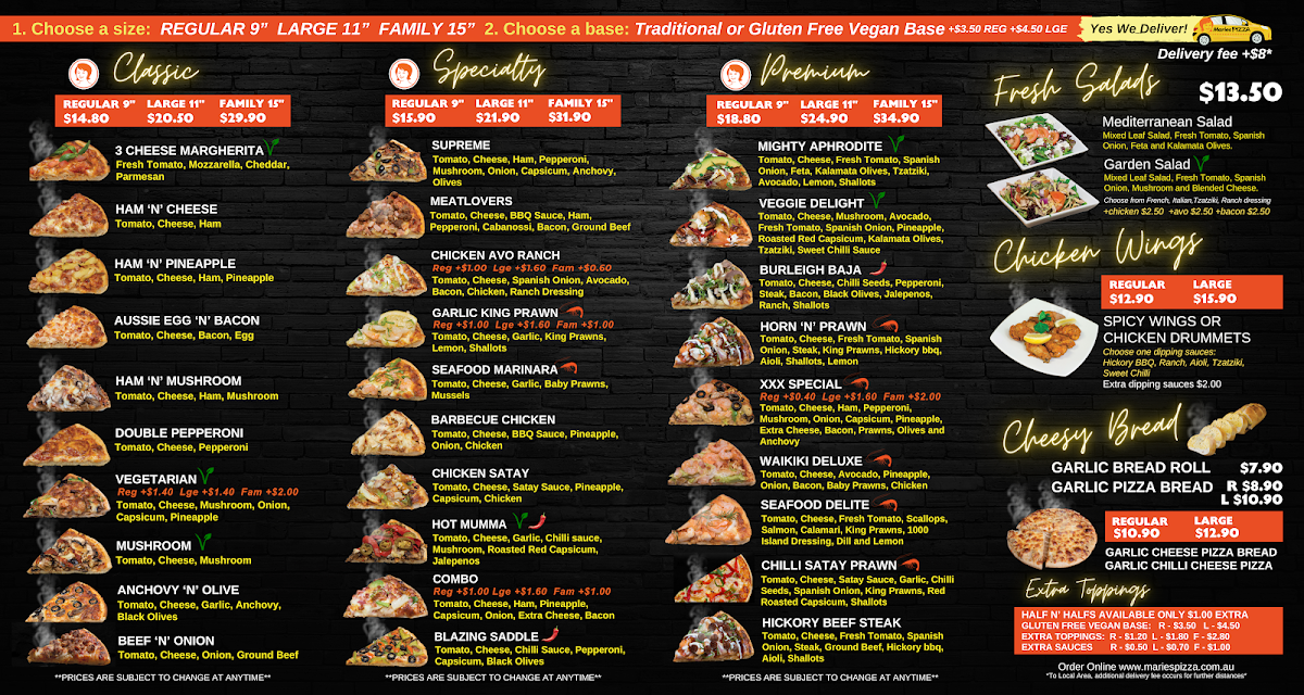 Menu, Maries Pizza Southport