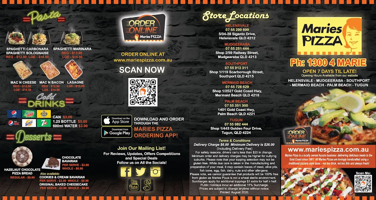 Menu, Maries Pizza Southport