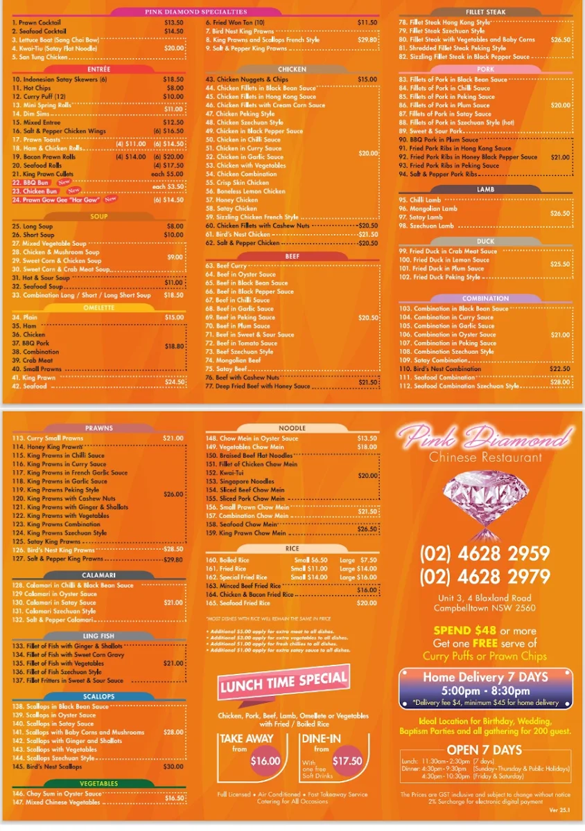 Menu, Pink Diamond Chinese Restaurant