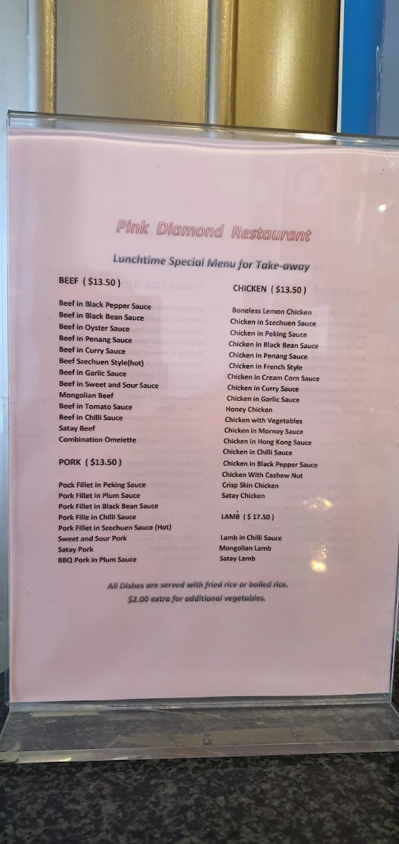 Menu, Pink Diamond Chinese Restaurant