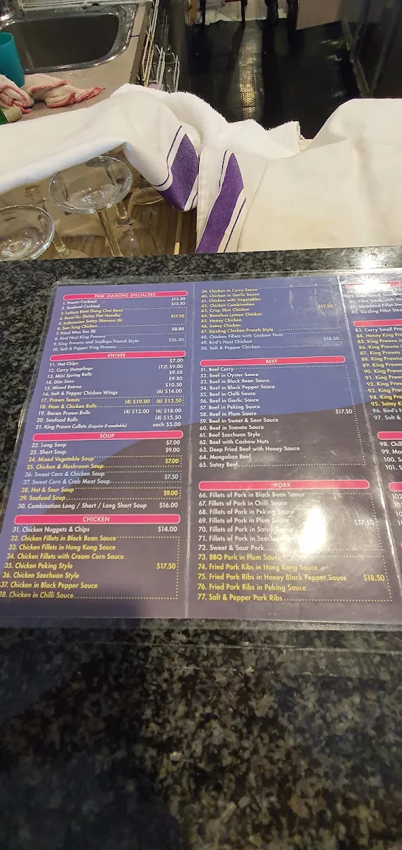 Menu, Pink Diamond Chinese Restaurant