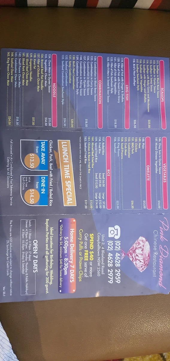 Menu, Pink Diamond Chinese Restaurant