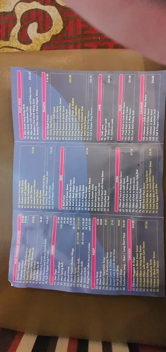 Menu, Pink Diamond Chinese Restaurant