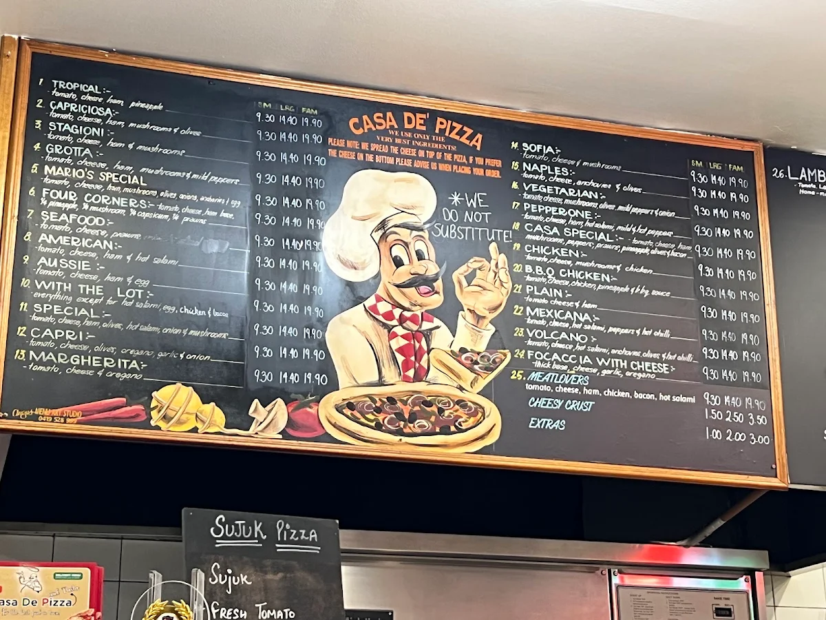 Menu, Casa De Pizza E Pasta Bar
