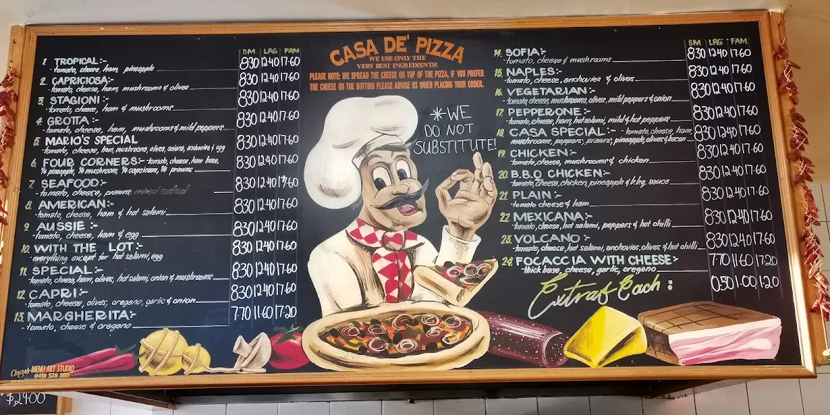 Menu, Casa De Pizza E Pasta Bar