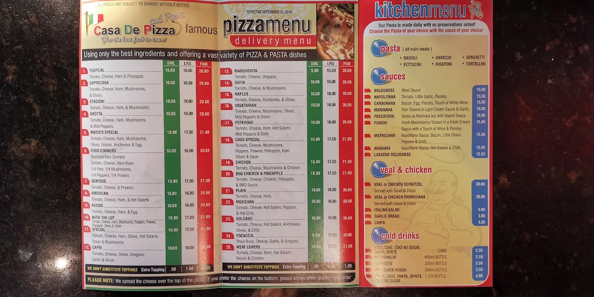 Menu, Casa De Pizza E Pasta Bar