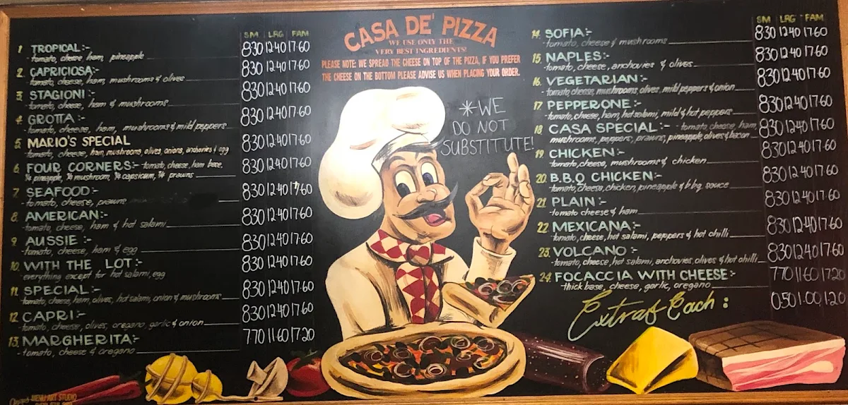 Menu, Casa De Pizza E Pasta Bar