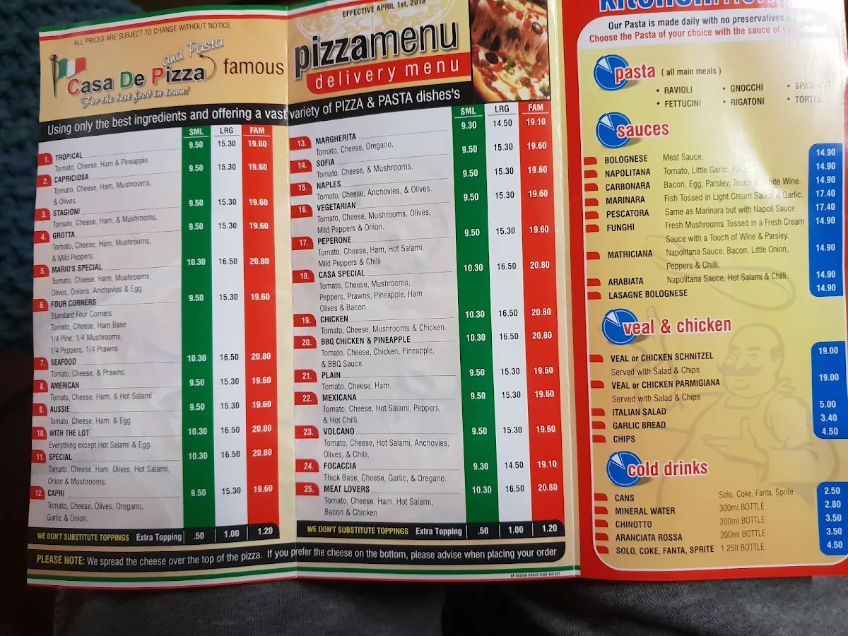Menu, Casa De Pizza E Pasta Bar
