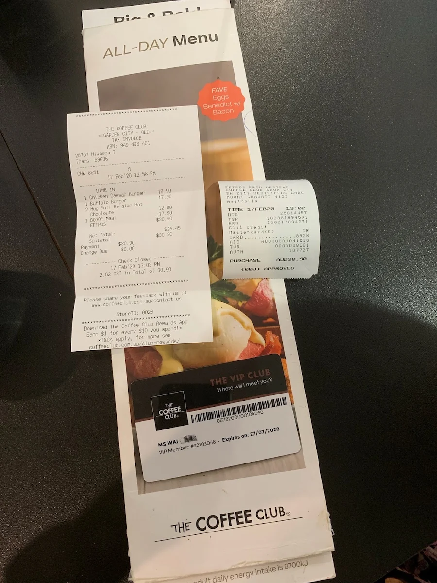 Menu, The Coffee Club