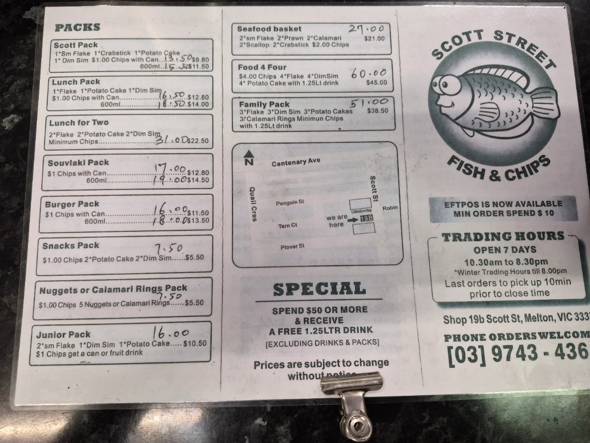 Menu, Scott Street Fish & chips