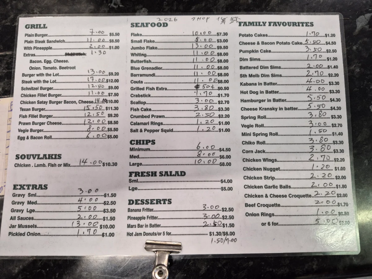 Menu, Scott Street Fish & chips